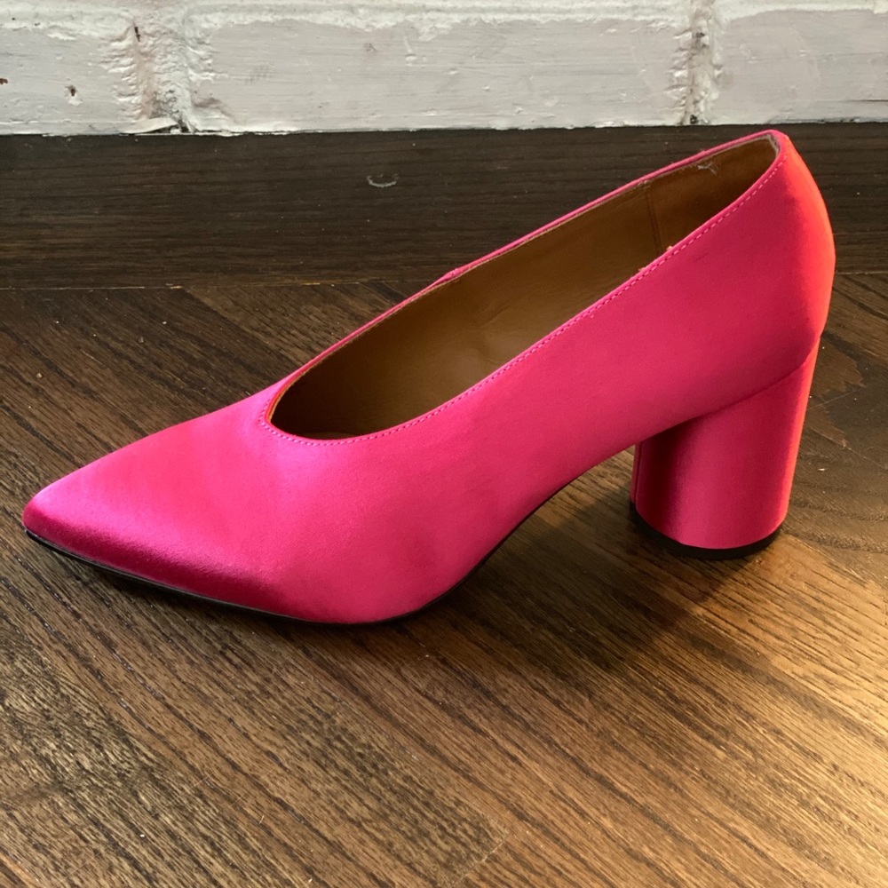 Hot pink satin block heel